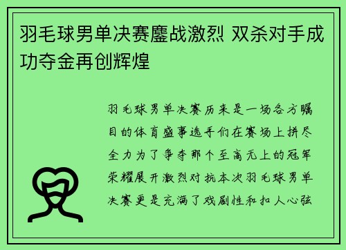 羽毛球男单决赛鏖战激烈 双杀对手成功夺金再创辉煌